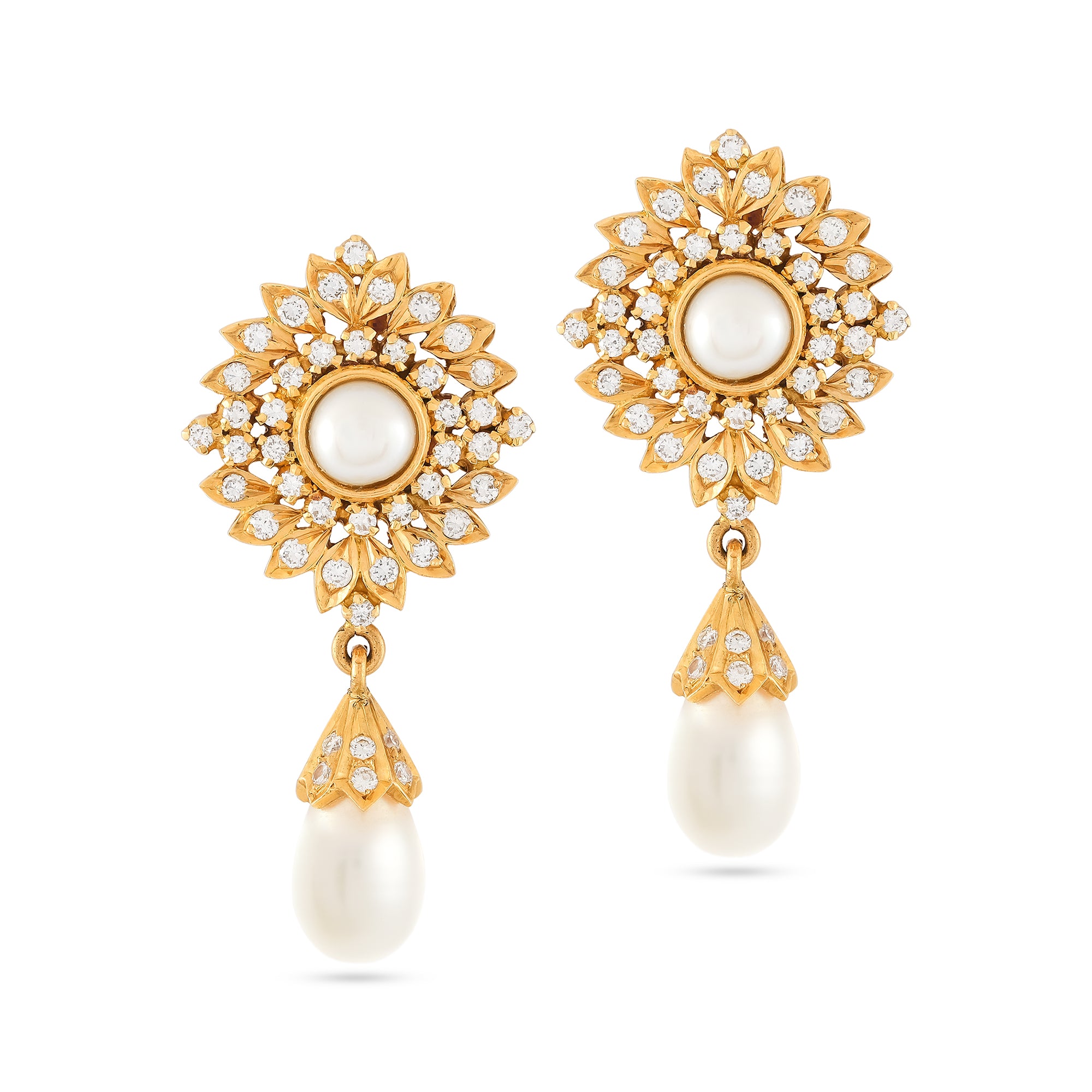 Vintage 18ct Yellow Gold Pearl & Diamond Cluster Drop Earrings
