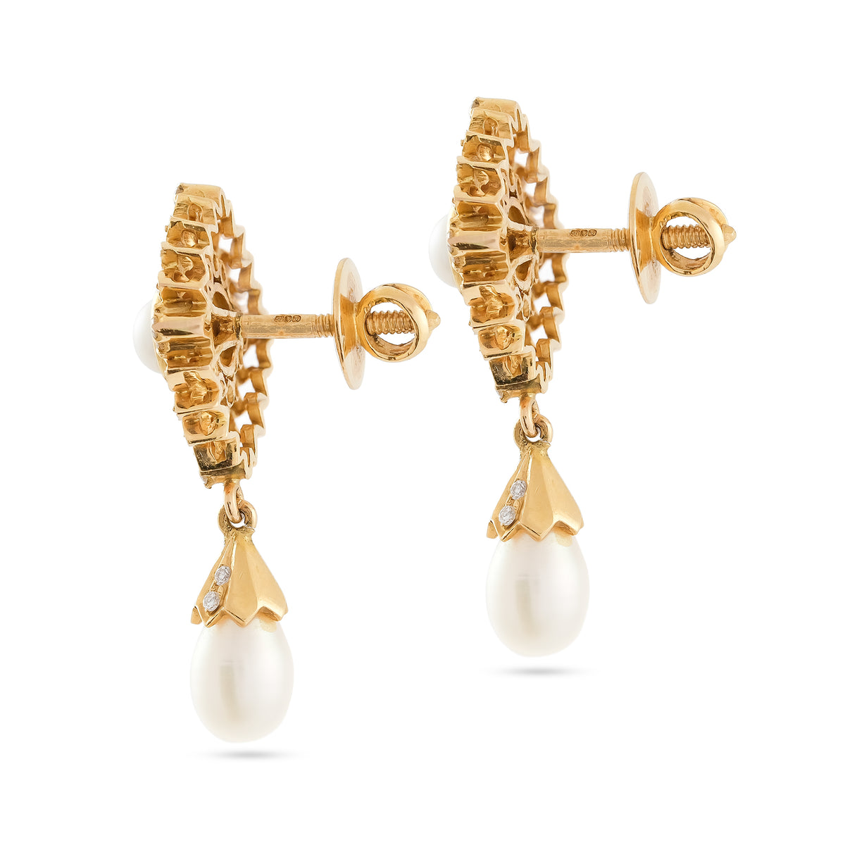 Vintage 18ct Yellow Gold Pearl &amp; Diamond Cluster Drop Earrings