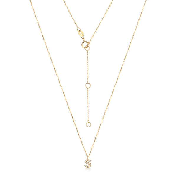 14K Yellow Gold Diamond Initial 'S' Pendant Necklace - 18 Inch Chain, High Polish Milgrain Design