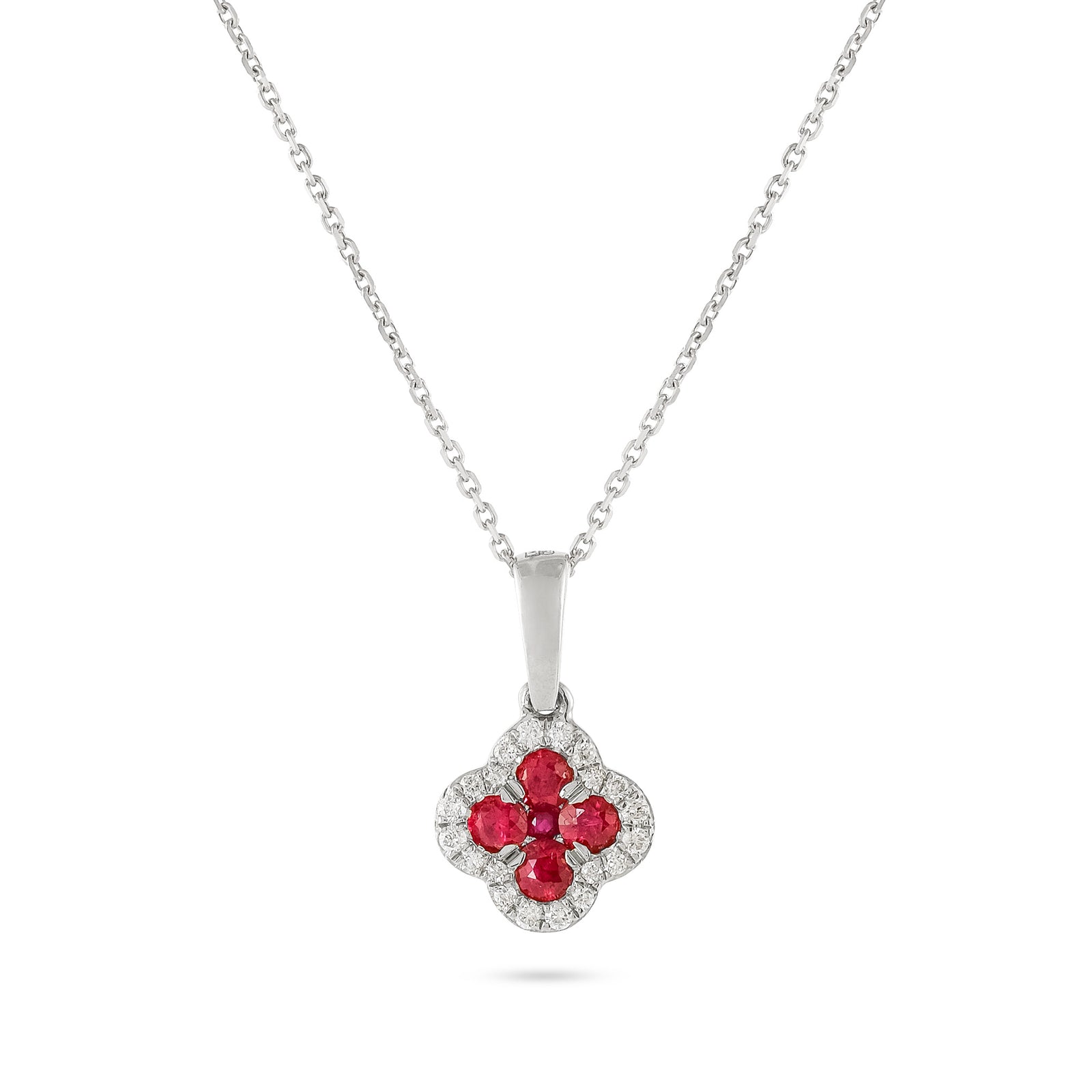 18ct White Gold Ruby and Diamond Clover Motif Necklace