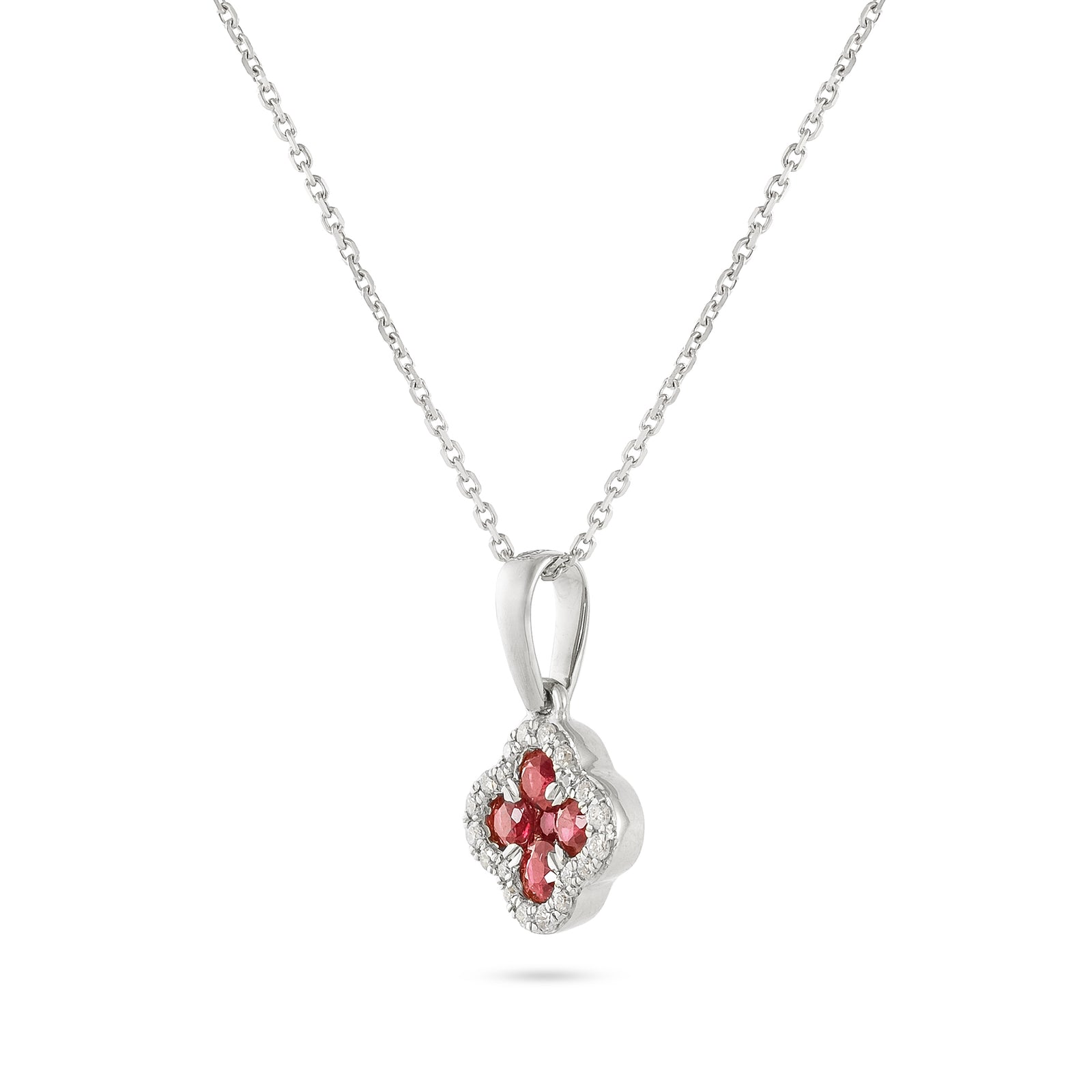 18ct White Gold Ruby and Diamond Clover Motif Necklace