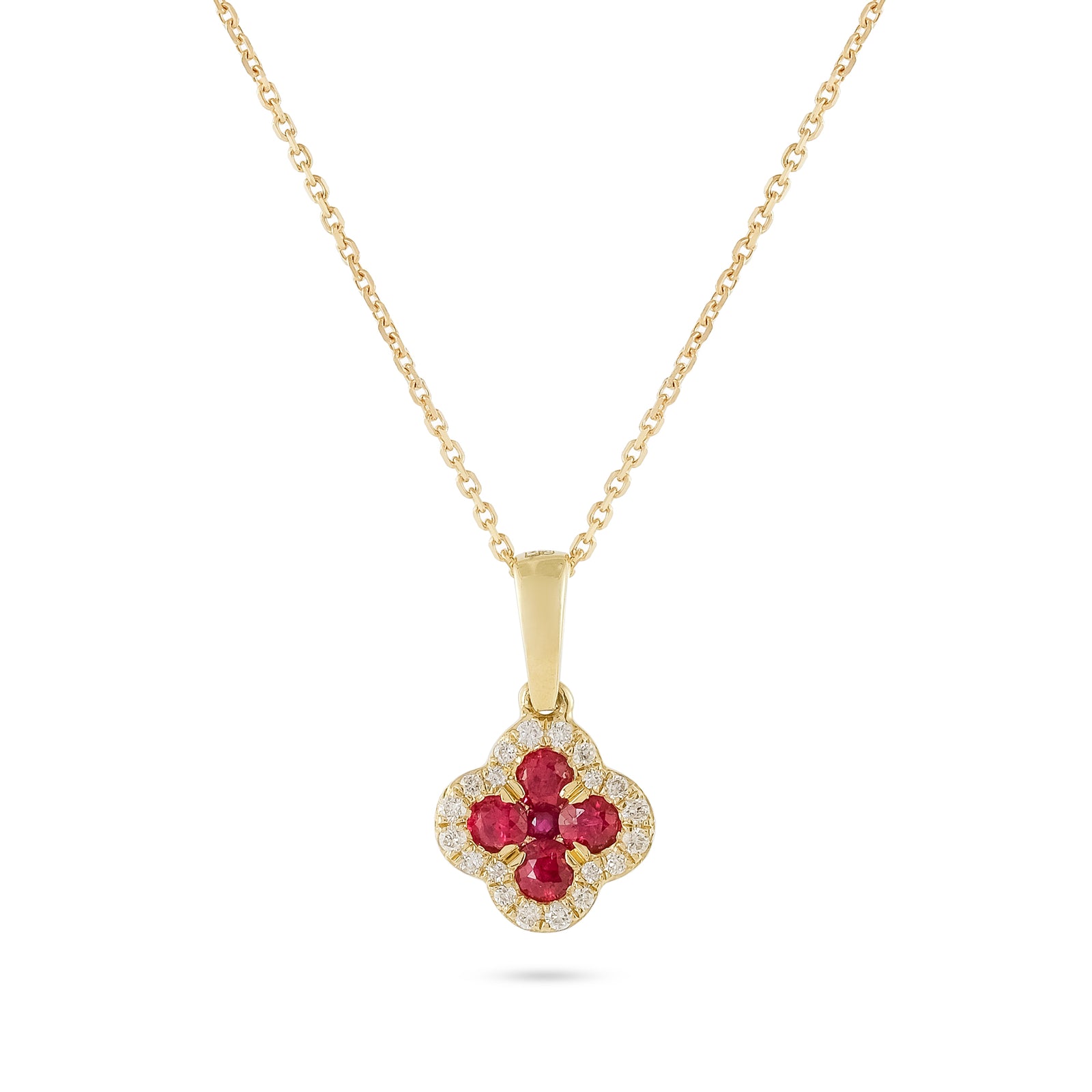 18ct Yellow Gold Ruby and Diamond Clover Motif Necklace