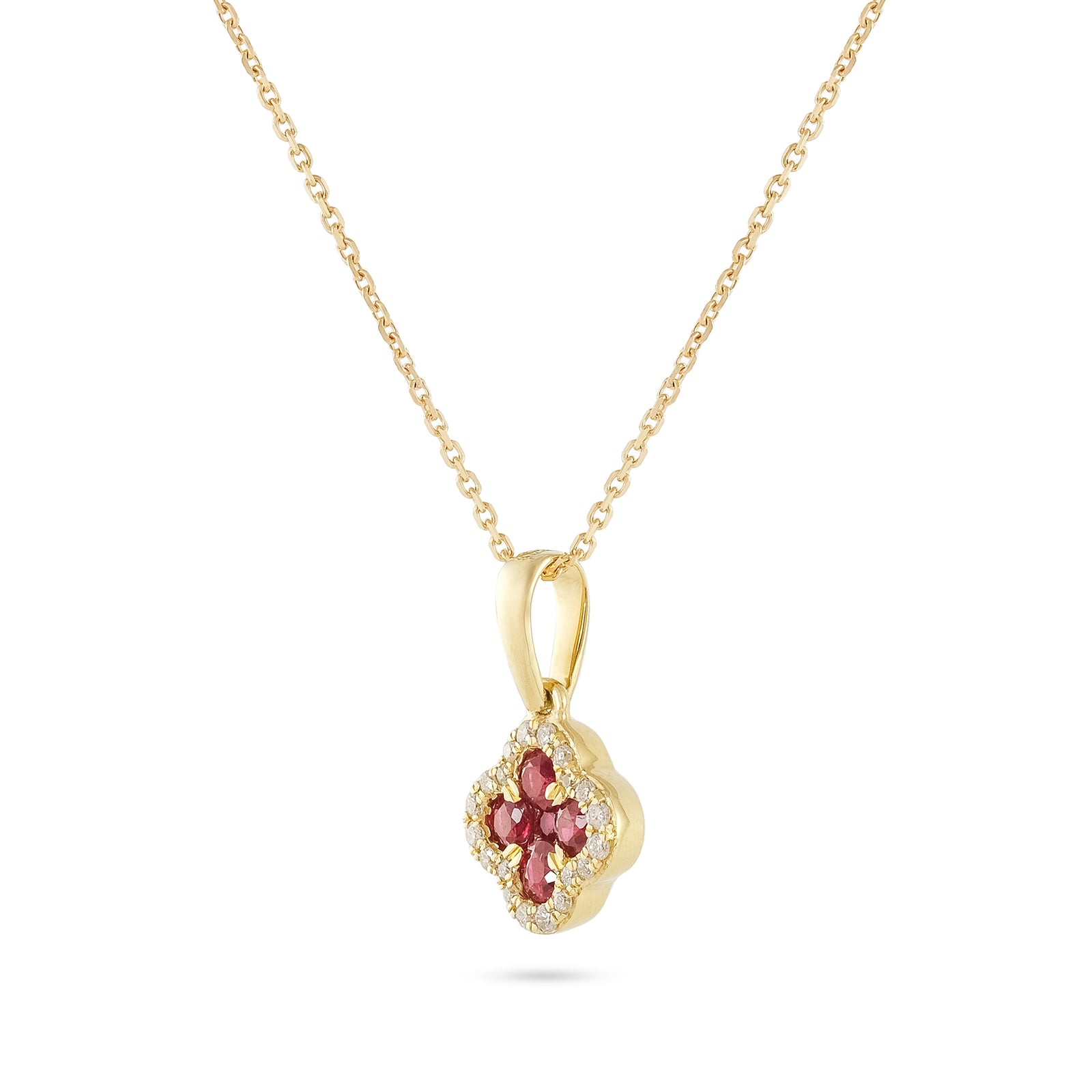 18ct Yellow Gold Ruby and Diamond Clover Motif Necklace
