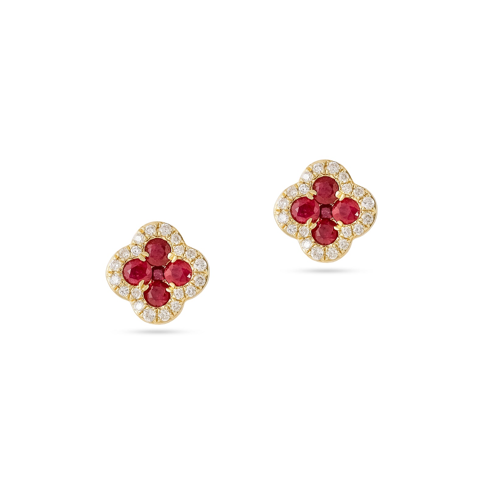 18ct Yellow Gold Ruby and Diamond Clover Stud Earrings