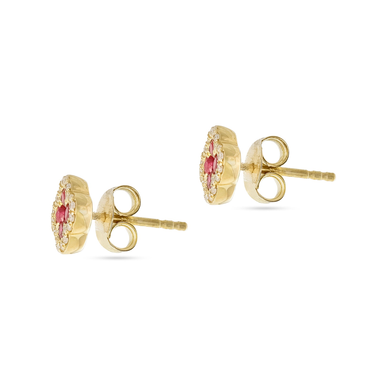 18ct Yellow Gold Ruby and Diamond Clover Stud Earrings