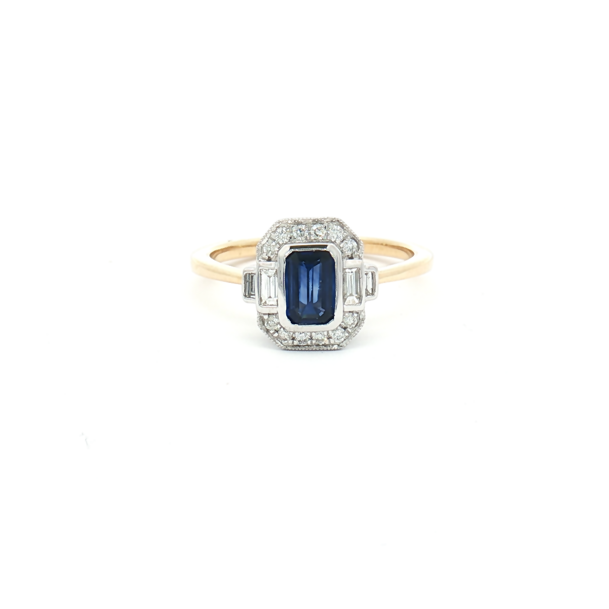 9ct Yellow and White Gold Emerald-Cut Sapphire and Diamond Ring