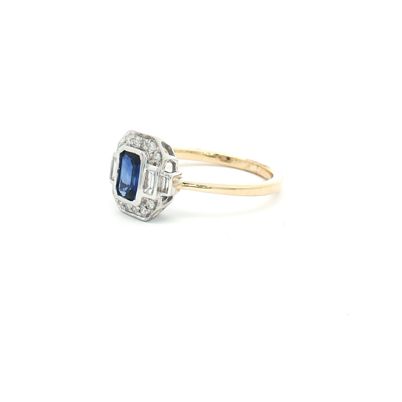 9ct Yellow and White Gold Emerald-Cut Sapphire and Diamond Ring