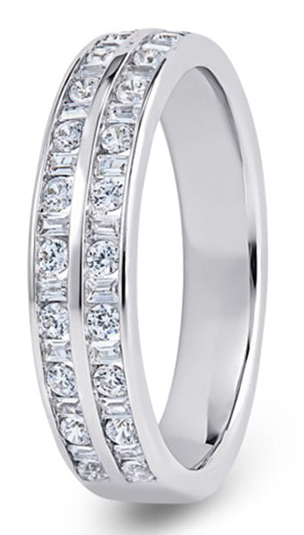 Round Brilliant &amp; Baguette Double Row Channel Diamond Wedding Ring