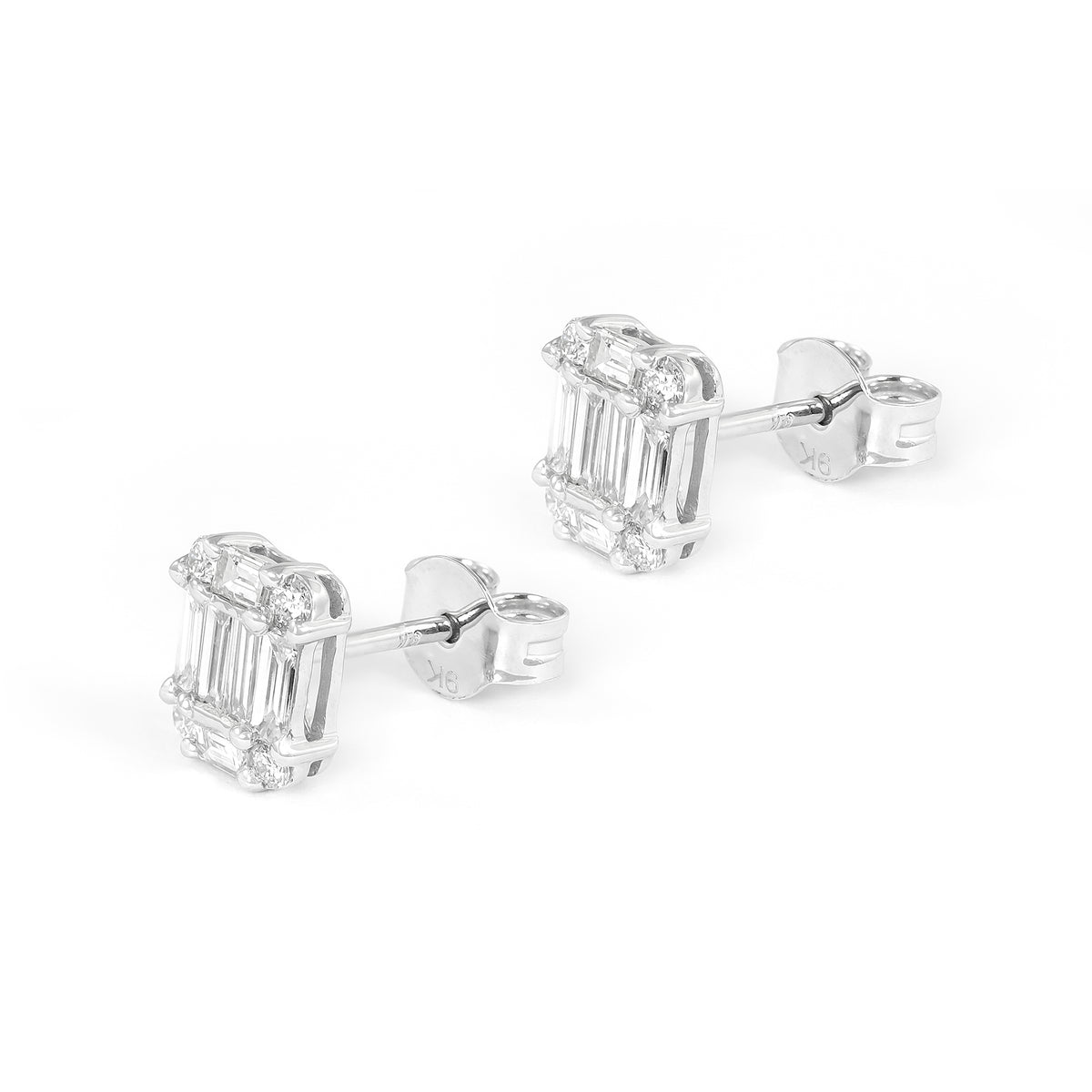 9ct White Gold Baguette &amp; Brilliant-Cut Diamond Stud Earrings