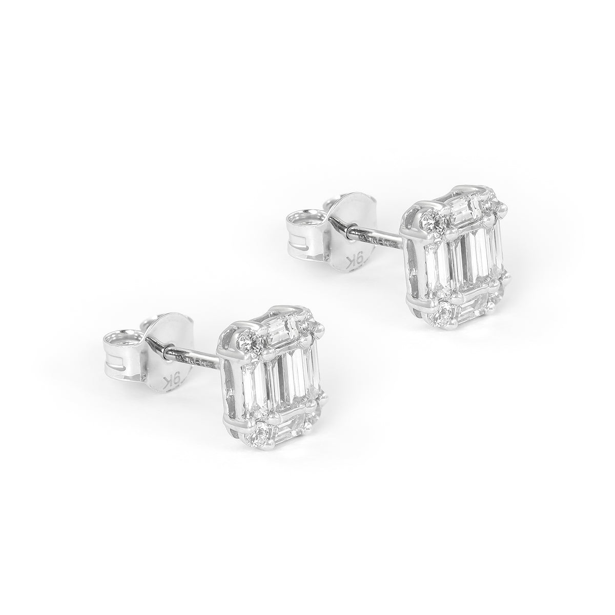 9ct White Gold Baguette &amp; Brilliant-Cut Diamond Stud Earrings