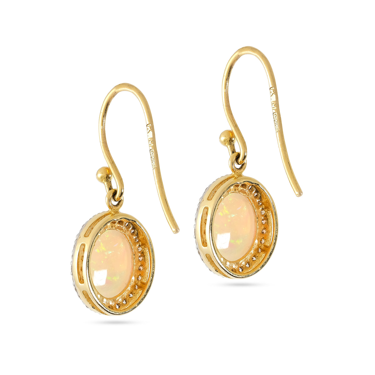 Vintage 14ct Yellow Gold Opal &amp; Diamond Drop Earrings