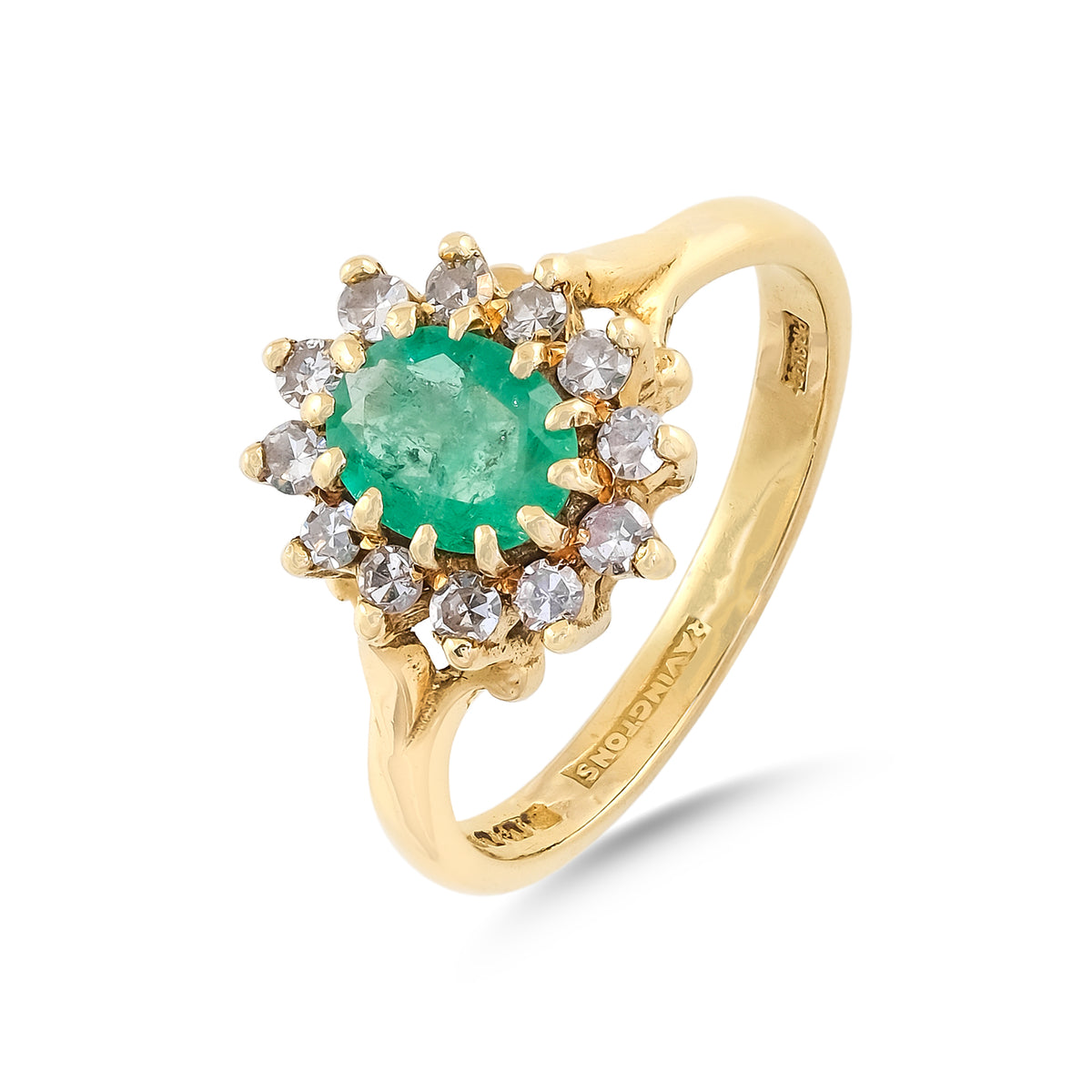 Vintage 18ct Yellow Gold Emerald &amp; Diamond Cluster Ring