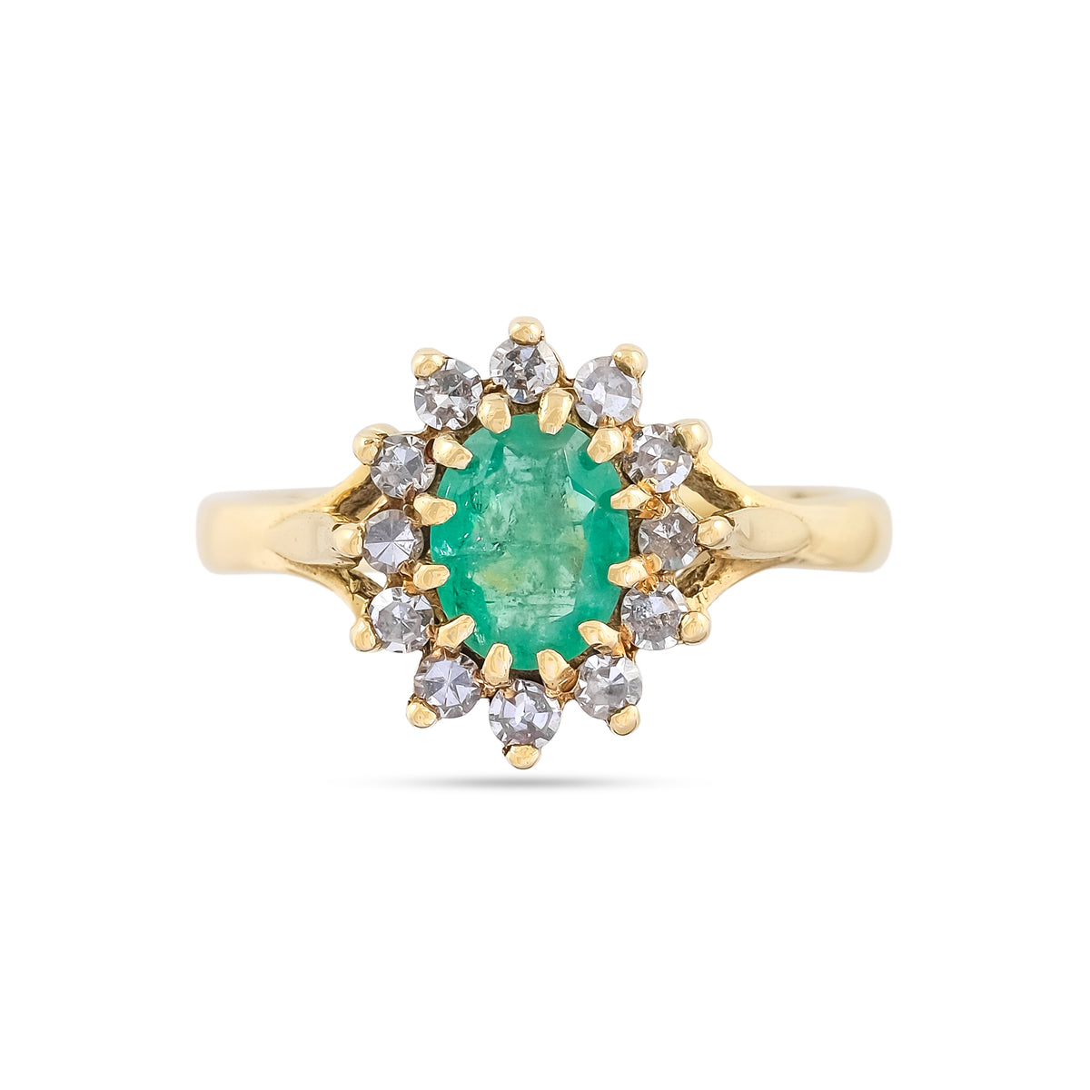 Vintage 18ct Yellow Gold Emerald &amp; Diamond Cluster Ring