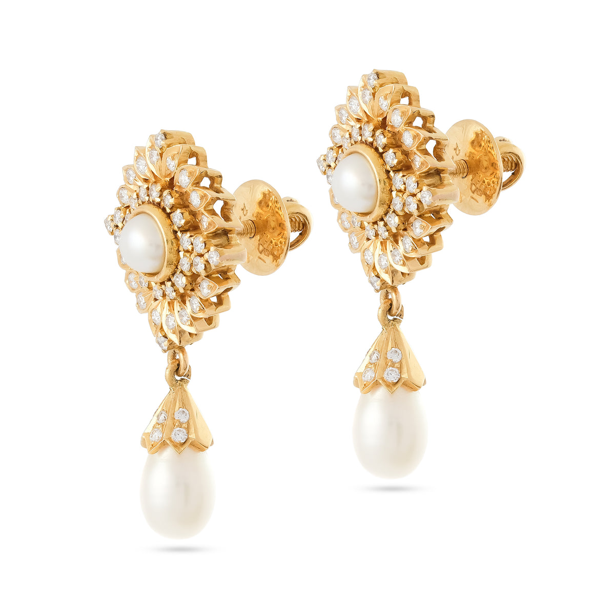 Vintage 18ct Yellow Gold Pearl &amp; Diamond Cluster Drop Earrings