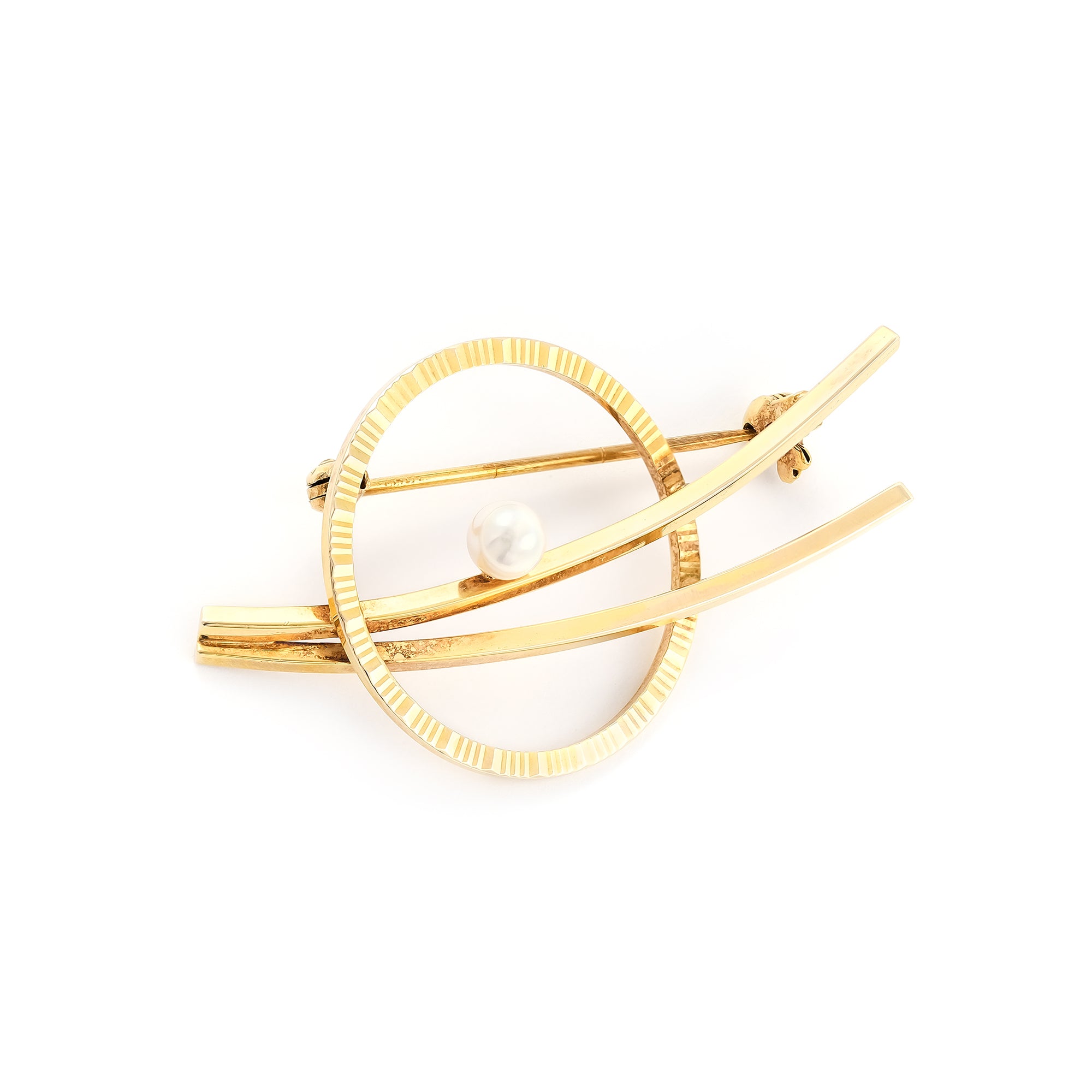 Vintage 9ct Yellow Gold Abstract Pearl Brooch