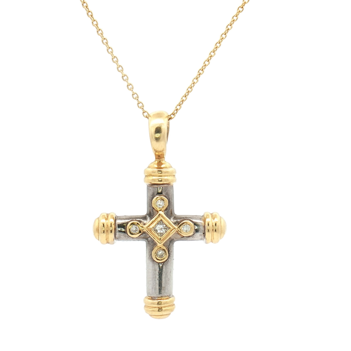 Vintage 18ct Yellow and White Gold Diamond Set Cross Necklace