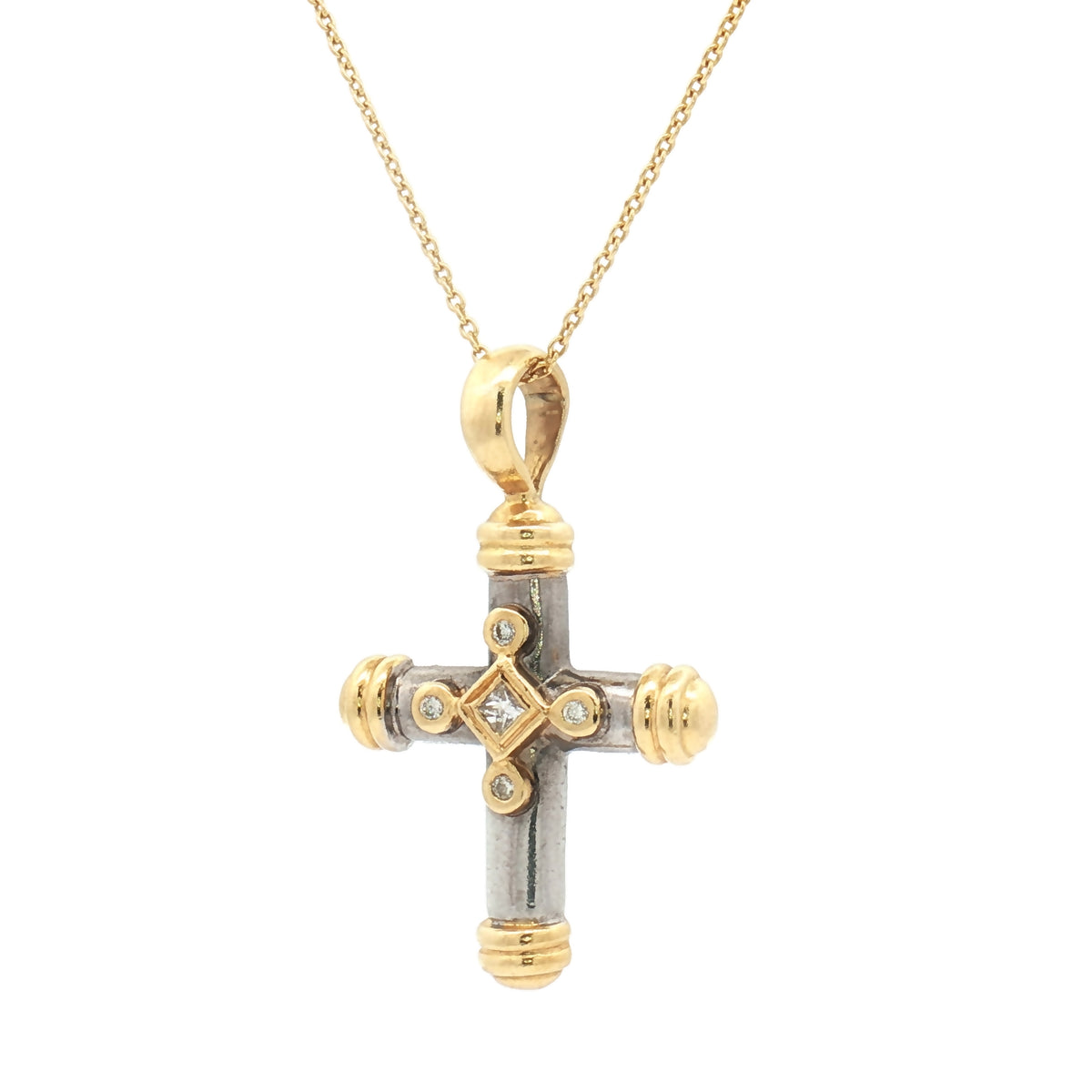 Vintage 18ct Yellow and White Gold Diamond Set Cross Necklace