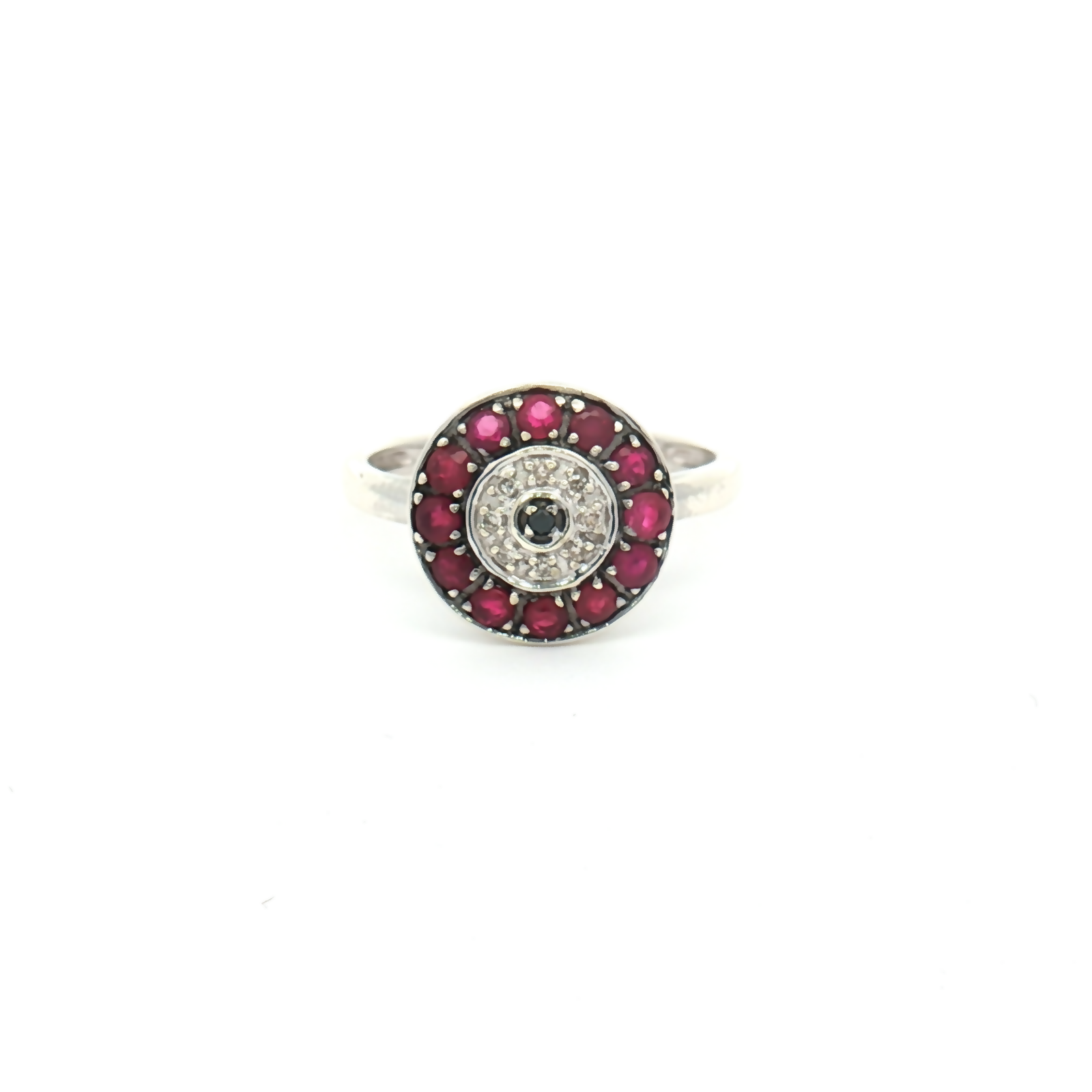 Vintage 9ct White Gold Ruby, Sapphire and Diamond Cluster Ring