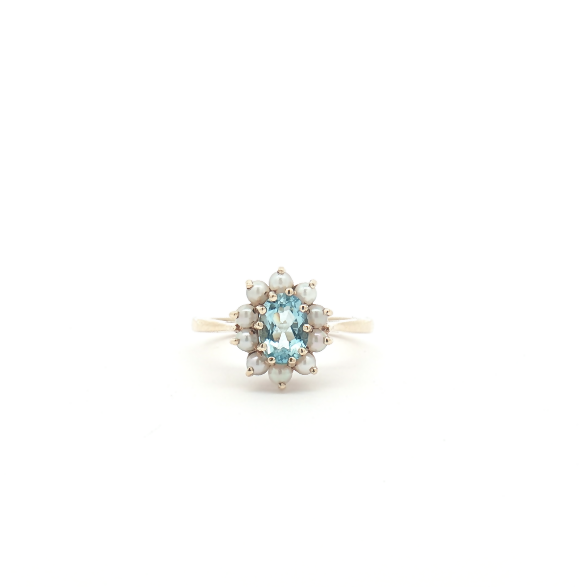 Vintage 9ct Yellow Gold Aquamarine and Pearl Cluster Ring