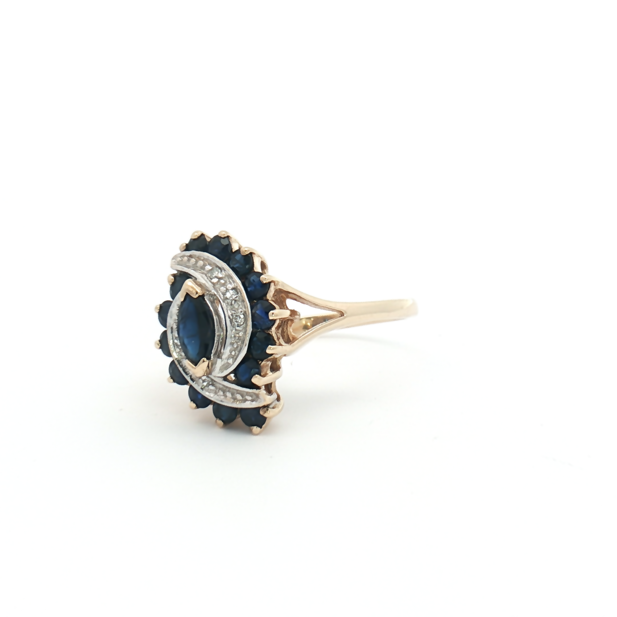 Vintage 9ct Yellow Gold Marquise Sapphire and Diamond Cluster Ring