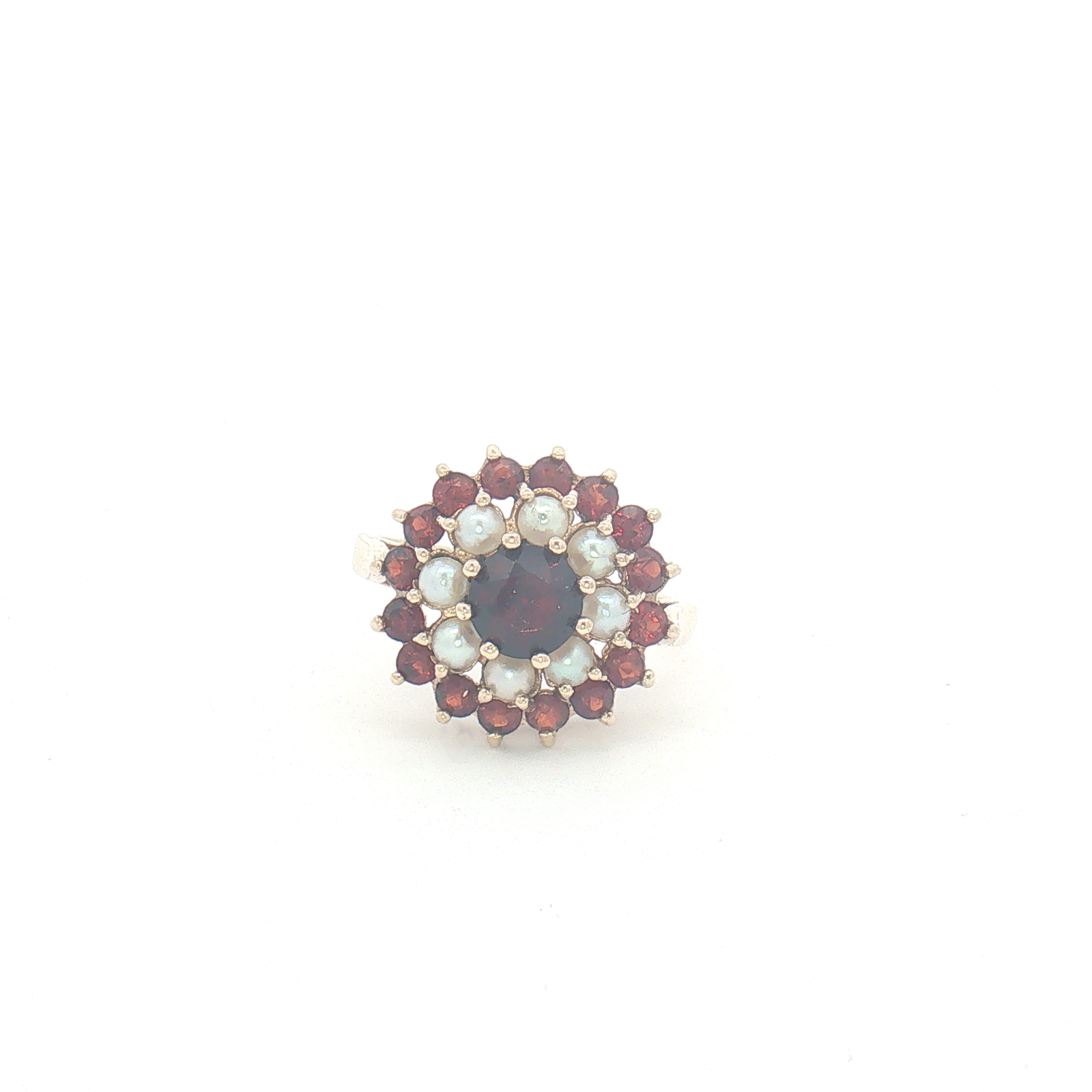 Vintage 9ct Yellow Gold Pearl and Garnet Cluster Ring 