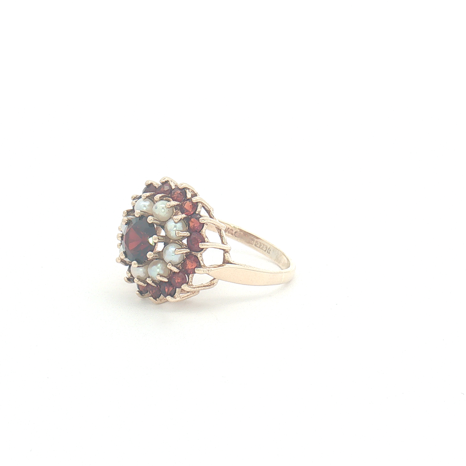 Vintage 9ct Yellow Gold Pearl and Garnet Cluster Ring 