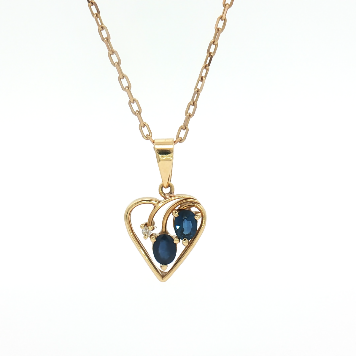 Vintage 9ct Yellow Gold Sapphire and Diamond Heart Shaped Pendant