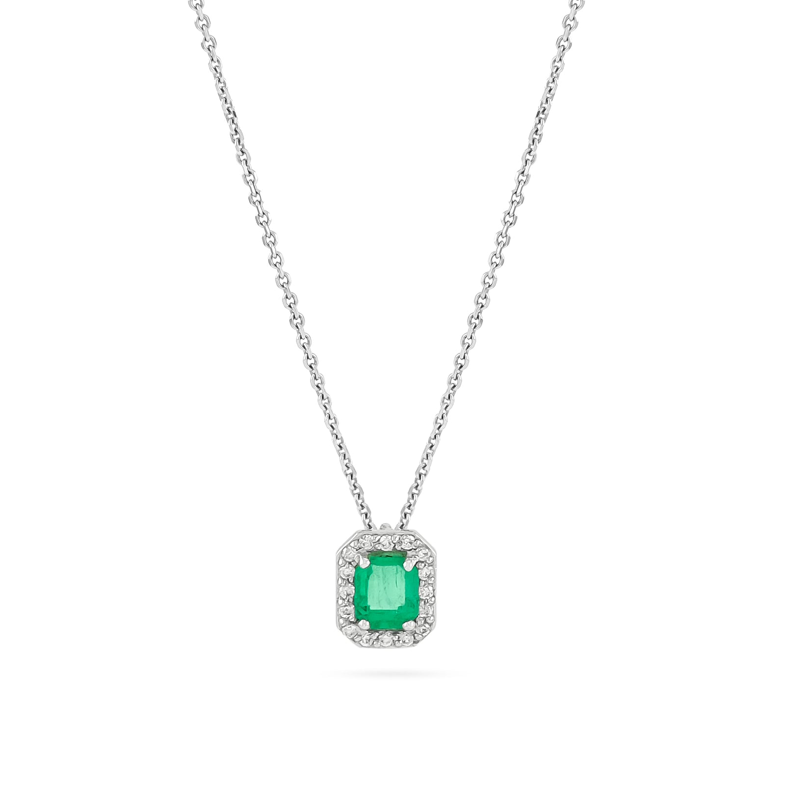 18ct White Gold Emerald and Diamond Cluster Pendant
