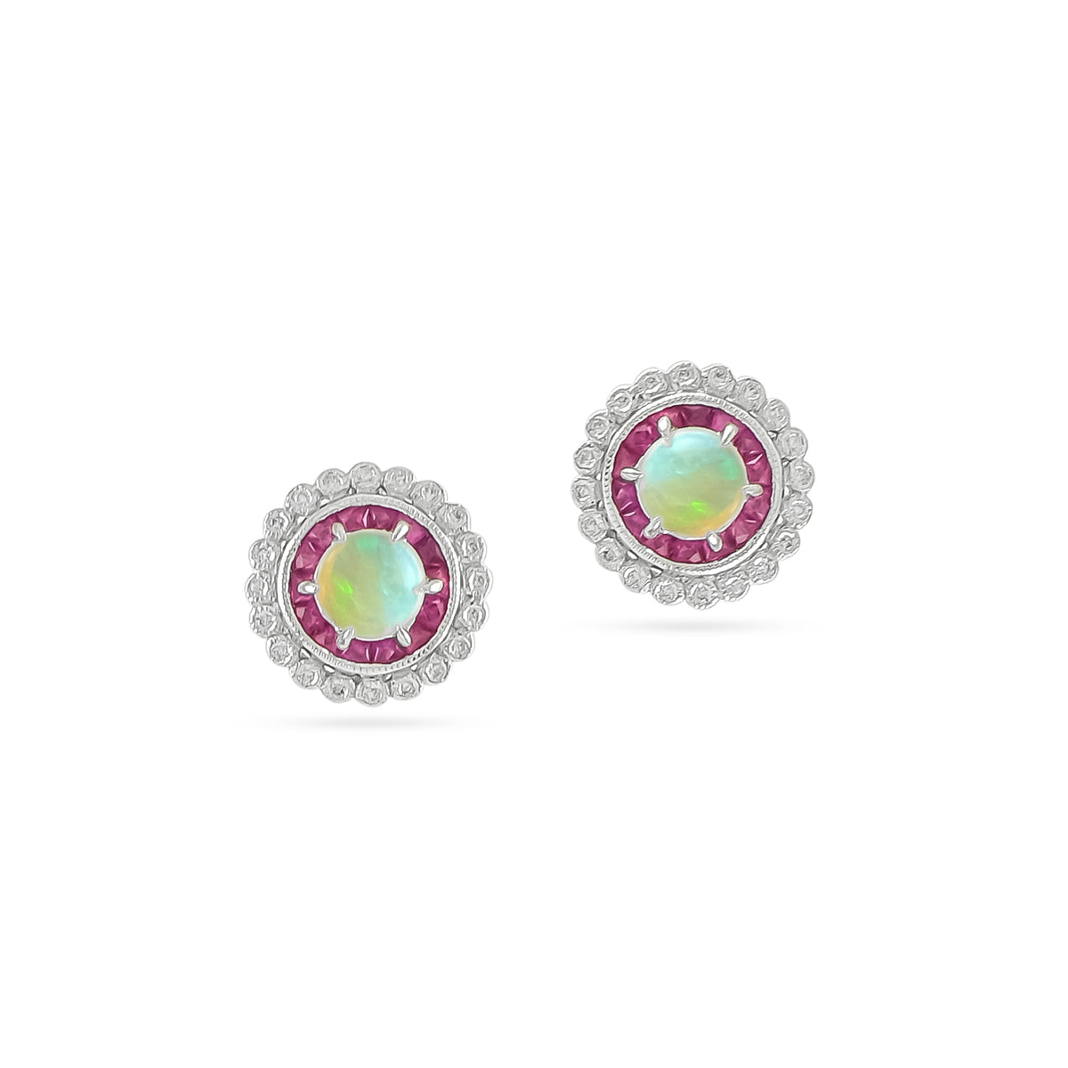 18ct White Gold Opal, Ruby and Diamond Cluster Studs