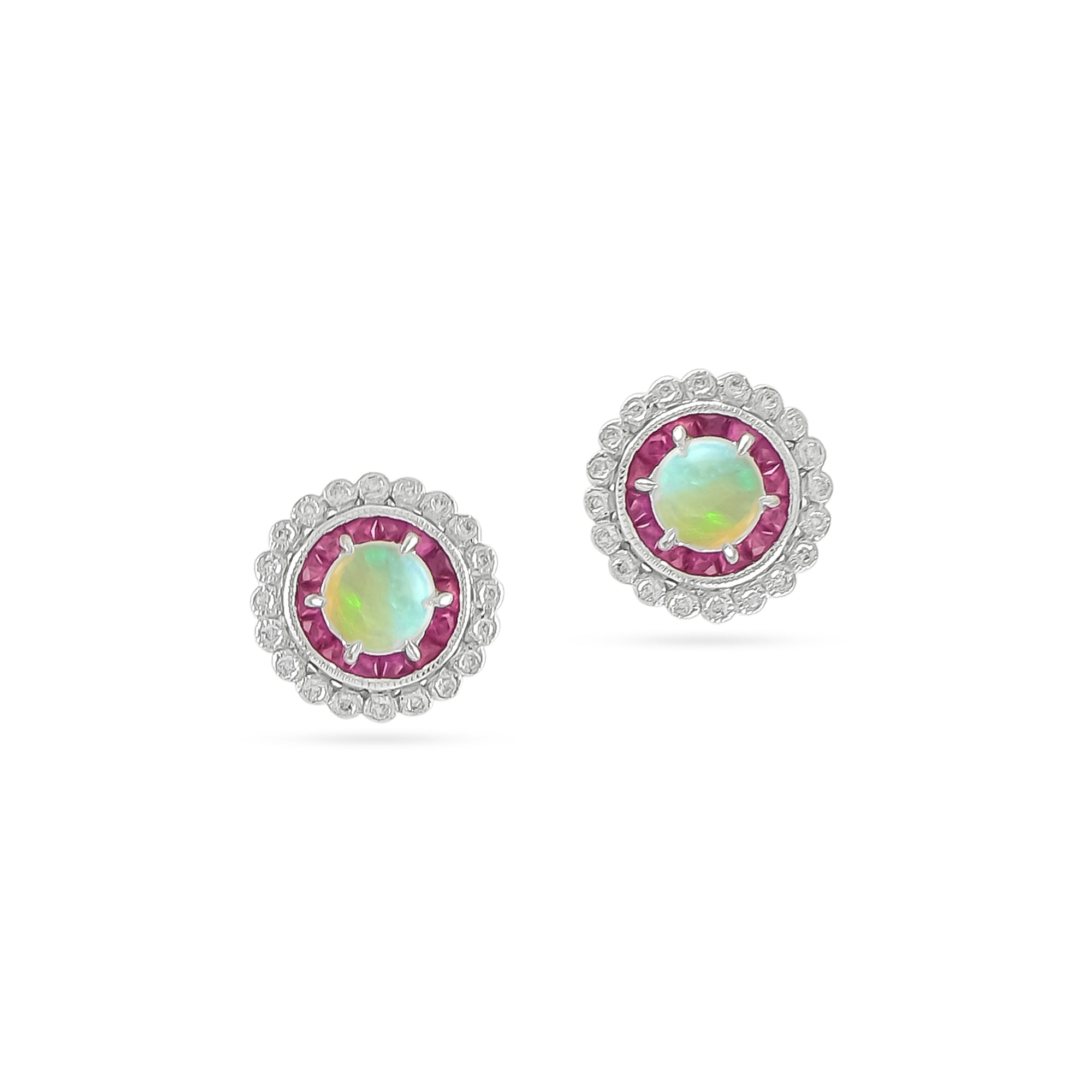 18ct White Gold Opal, Ruby and Diamond Cluster Studs