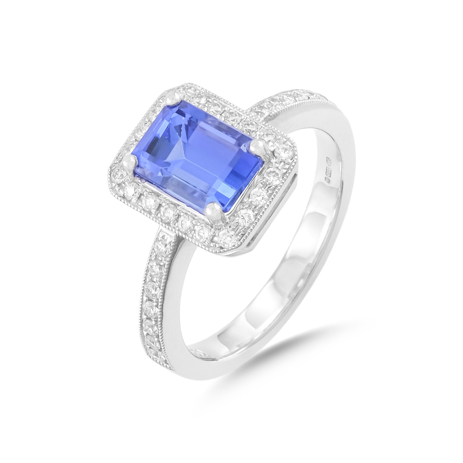18ct White Gold Tanzanite and Diamond Halo Ring