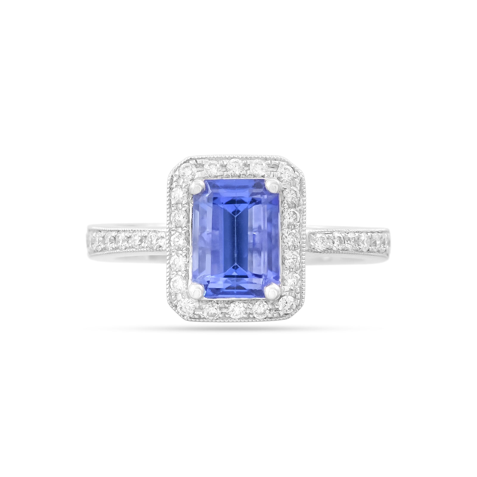 18ct White Gold Tanzanite and Diamond Halo Ring