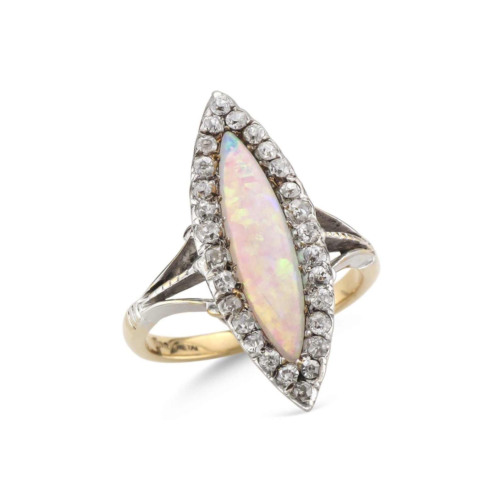 Vintage 14ct Yellow Gold Marquise Opal and Diamond Ring